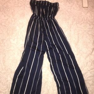 F21 Blue and White Striped Jumpsuit
